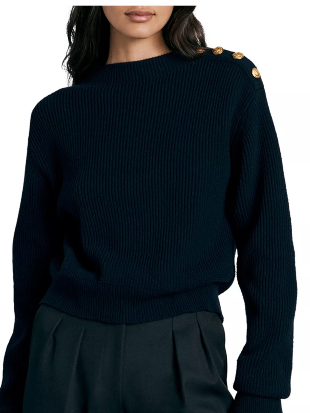 rag & bone Nancy Ribbed Crewneck Sweater in Navy with Gold Buttons